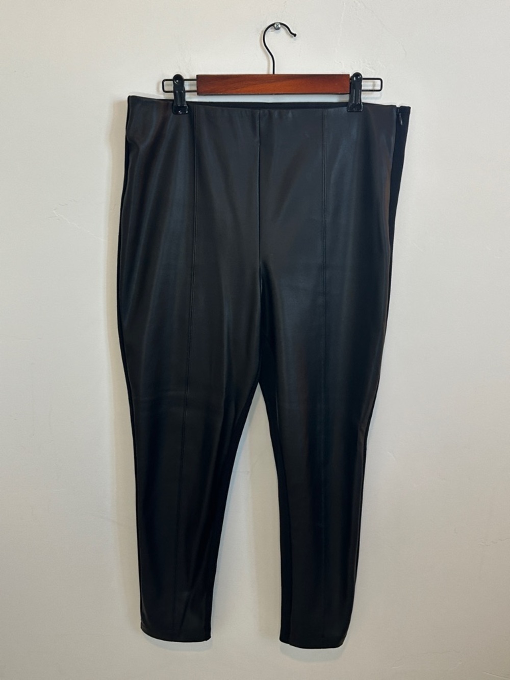 Ann Taylor Black Faux Leather Trousers, Side Zip, Size 14 Petite